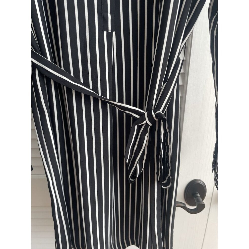 Ann Taylor Outlet Dress Black White Striped Long Sleeve Tie Waist Dress Sz L - Picture 5 of 11